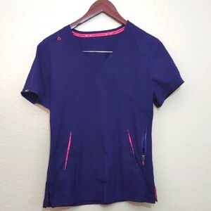 SLIGHTLY USED KOI LITE SIZE S SCRUB SHIRT PURPLE AND PINK 2 POCKETS 1 ZIP POCKET